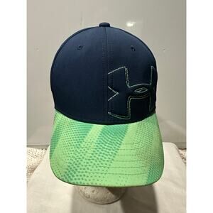 Under Armour Fitted Hat Navy Blue Lime Green Youth Small/Med Embroidered 6 Panel